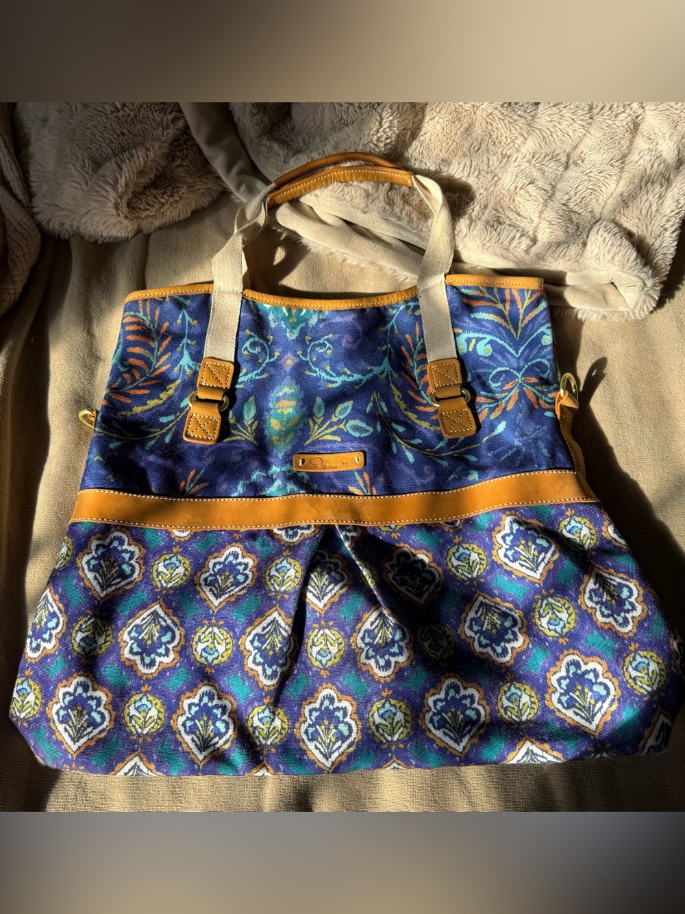 Dena Bag - Blue Patterned Canvas Tote with Tan Trim